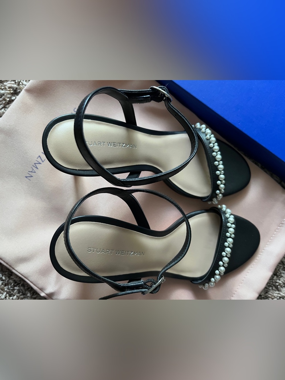 Stuart Weitzman Black Pearl-Accented Strappy Mid-Heels Dancer Sandals